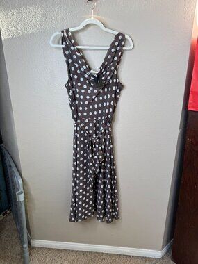 Robert Louis XL Brown White Polka Dot Sleeveless Dress V-Neck Waist Tie NEW